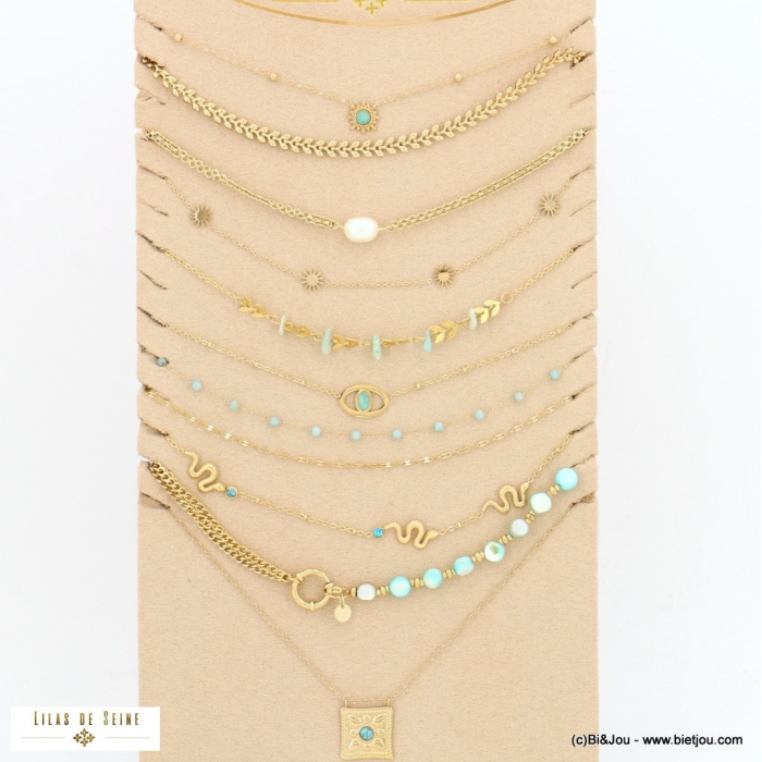 Ensemble de 10 colliers acier inoxydable épis de blé serpent soleil oeil pierre perle strass nacre 0123045 bleu turquoise