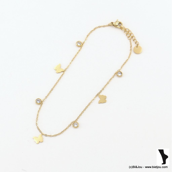 Chaine de cheville papillon acier inoxydable strass femme 0223060 doré