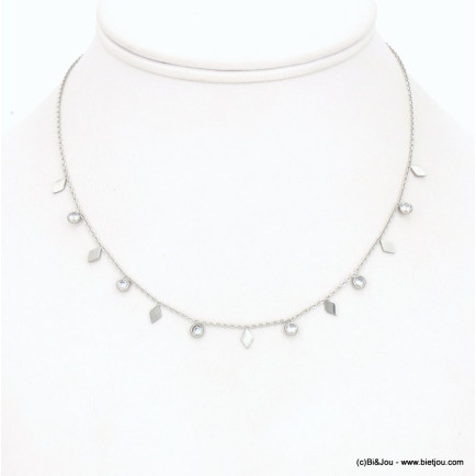 Collier acier inoxydable strass minimaliste géométrique losange femme 0123052 argenté