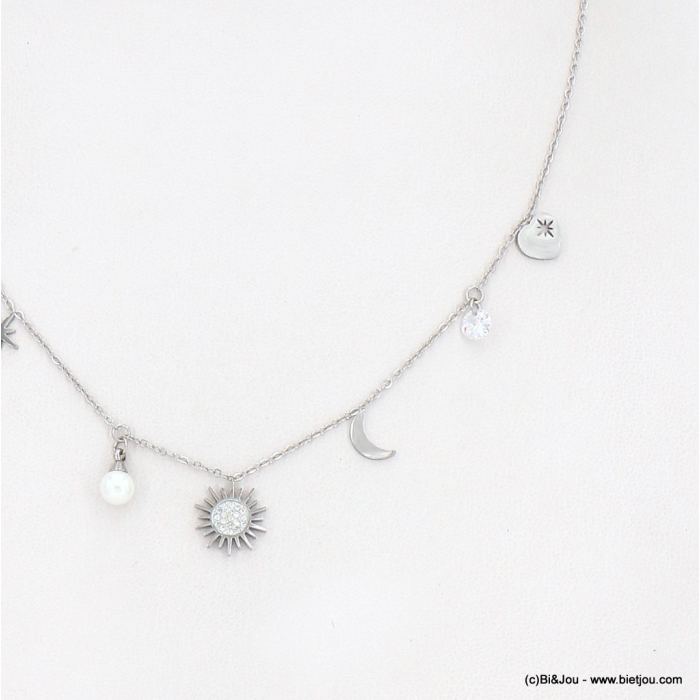 Collier acier inoxydable soleil rayonnant lune étoile coeur perle strass femme 0123054 argenté