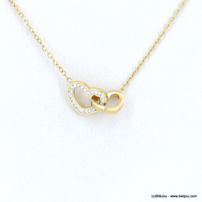 Collier acier inoxydable minimaliste coeurs intrelacés strass femme 0123053 doré