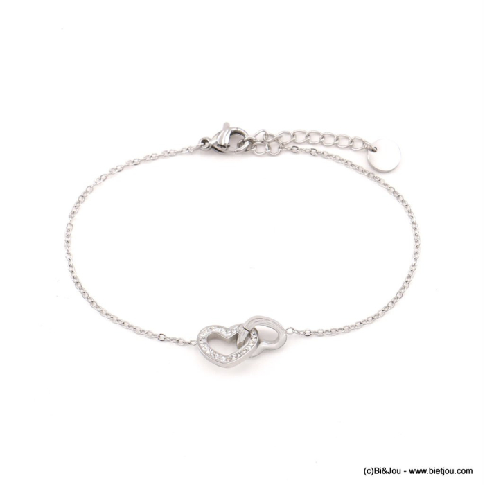 Bracelet acier inoxydable minimaliste coeurs intrelacés strass femme 0223053 argenté