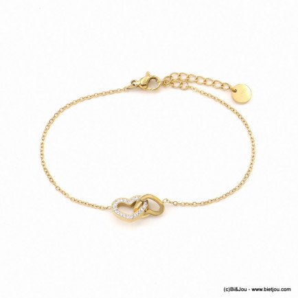 Bracelet acier inoxydable minimaliste coeurs intrelacés strass femme 0223053 doré