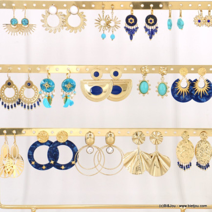 Ensemble de 16 paires de boucles d'oreilles ambiance bleu turquoise étoile trèfle feuille filigrane 0323063 doré
