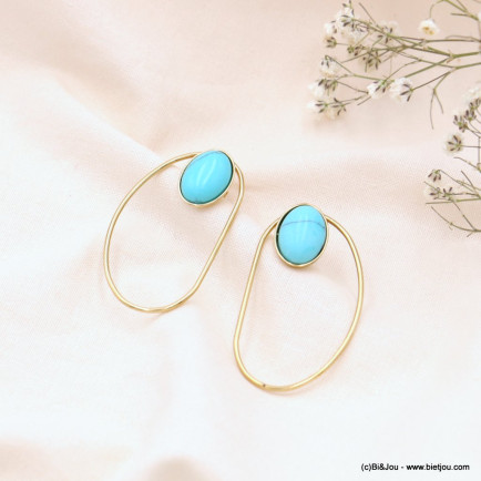 Boucles d'oreilles anneau acier inoxydable cabochon pierre contemporain femme 0323064 bleu turquoise