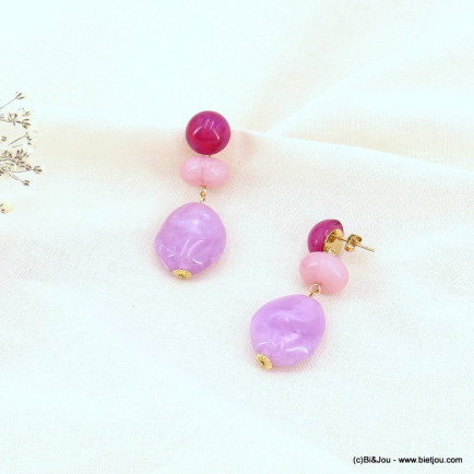 Boucles d'oreilles pendantes vintage résine marbrée et acier inoxydable pour femme 0323050 violet