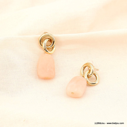 Boucles d'oreilles pendantes anneaux métal et perles résine marbré pour femme 0323108 rose