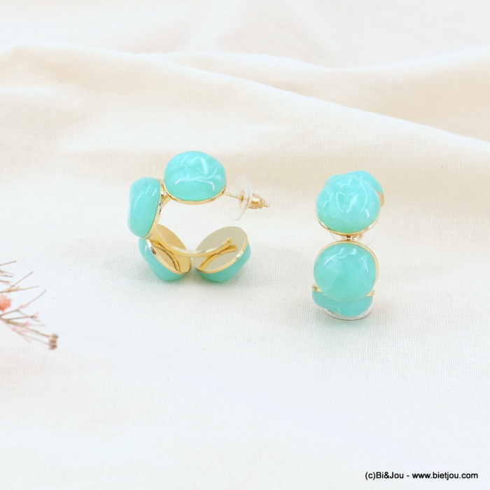 Boucles d'oreilles créoles perles résine et métal doré pour femme 0323094 bleu turquoise