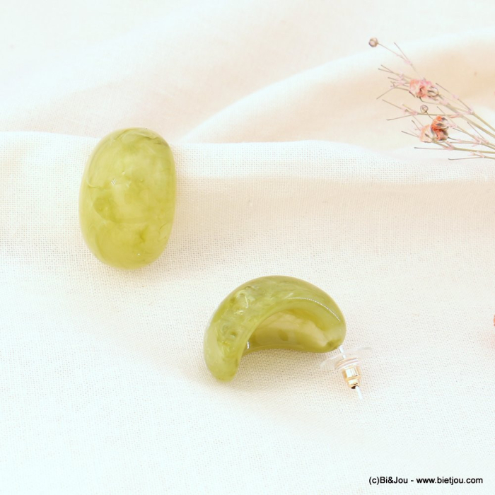Boucles d'oreilles demi anneaux croissants en acétate marbré et métal doré femme 0323099 vert