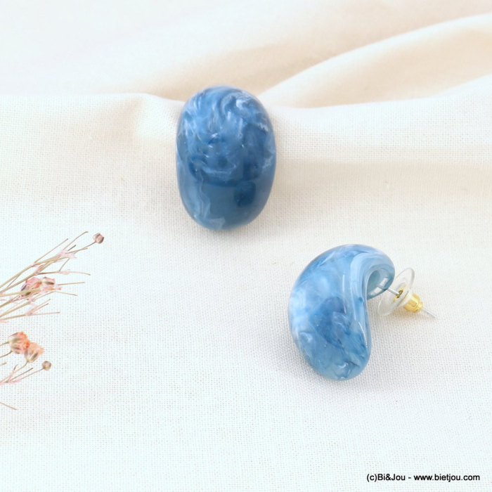 Boucles d'oreilles demi anneaux croissants en acétate marbré et métal doré femme 0323099 bleu foncé