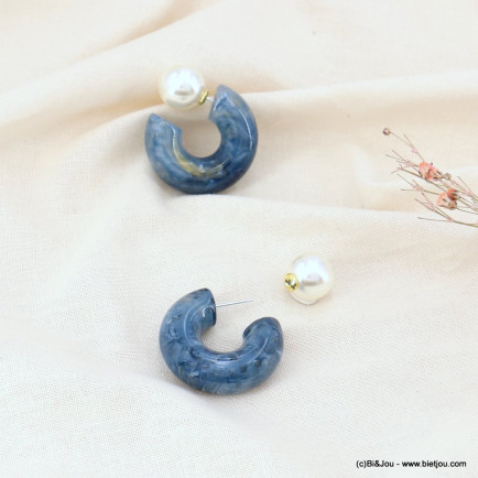 Boucles d'oreilles créoles épaisses en acrylique et perle 0323100 bleu foncé