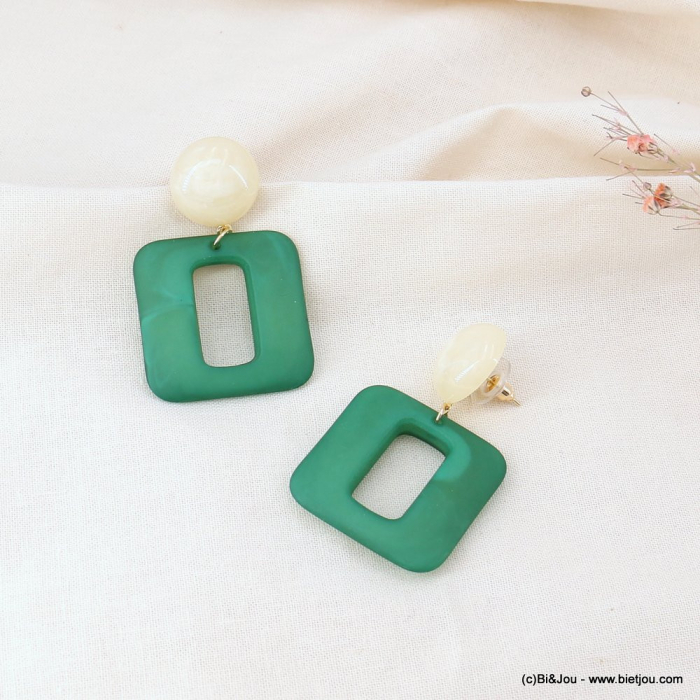Boucles d'oreilles pendantes rectangles et cabochons résines 0323103 vert