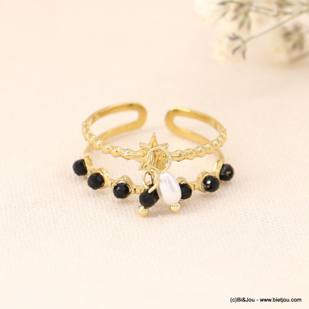 Bague double-anneaux acier inoxydable étoile breloque pierre perle 0423027 noir