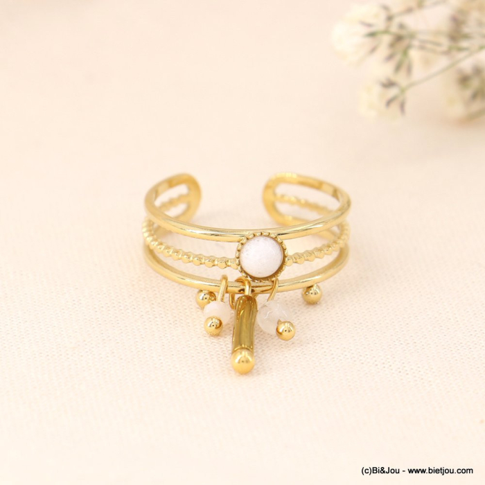 Bague triple-anneaux acier inoxydable breloque pierre cristal 0423028 blanc