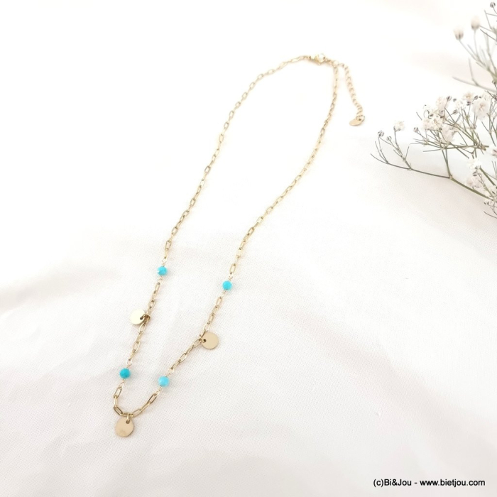 Collier acier inoxydable pierre breloque pampille ronde femme 0123064 bleu turquoise