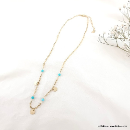 Collier acier inoxydable pierre breloque pampille ronde femme 0123064 bleu turquoise