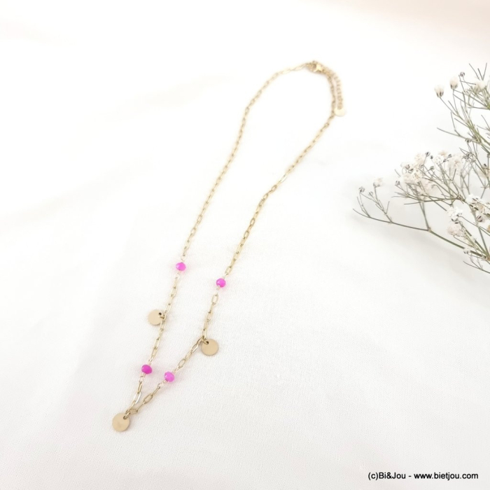 Collier acier inoxydable pierre breloque pampille ronde femme 0123064 fushia