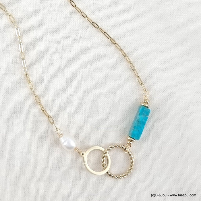 Collier anneaux entrelacés pierre perle torsadé chaine maille rectangulaire acier inoxydable femme 0123065 bleu turquoise