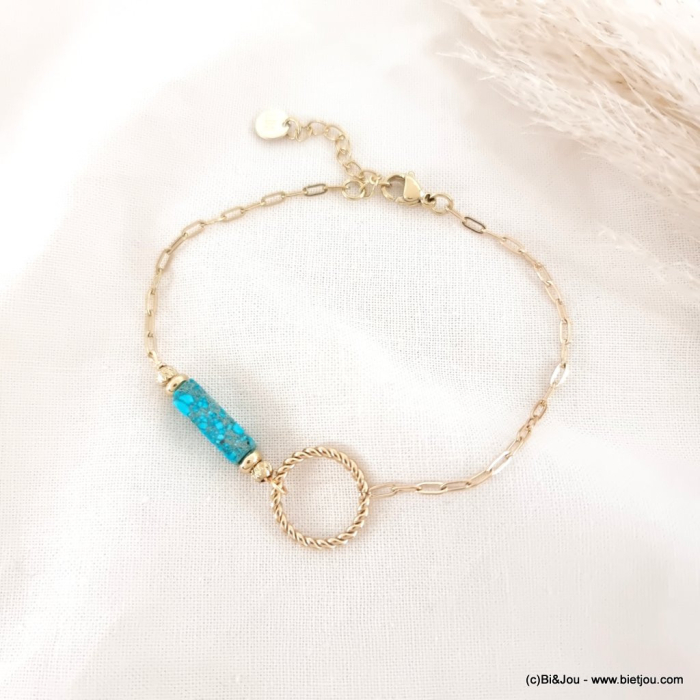 Bracelet anneaux entrelacés pierre torsadé chaine maille rectangulaire acier inoxydable femme 0223062 bleu turquoise
