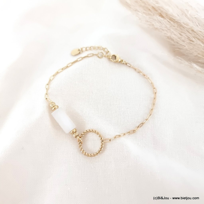 Bracelet anneaux entrelacés pierre torsadé chaine maille rectangulaire acier inoxydable femme 0223062 blanc