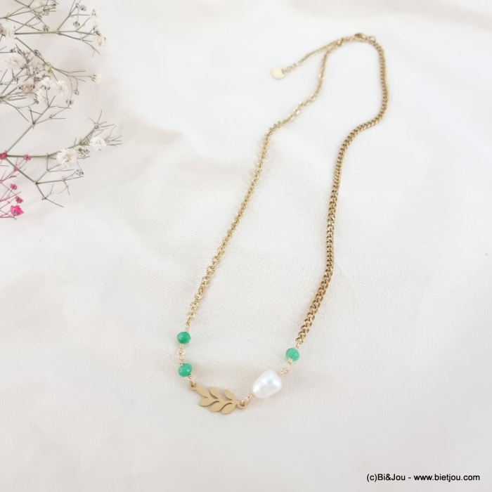 Collier acier inoxydable laurier billes pierre perle chaîne double maille femme 0123066 vert