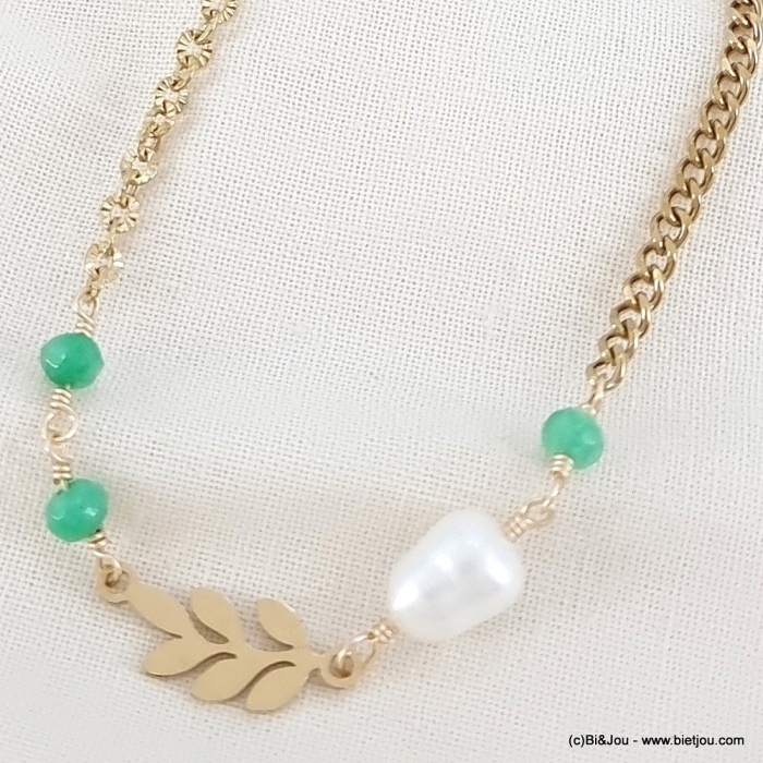 Collier acier inoxydable laurier billes pierre perle chaîne double maille femme 0123066 vert