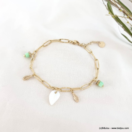 Bracelet acier inoxydable pampilles feuille plume nacre pierre pour femme 0223073 vert