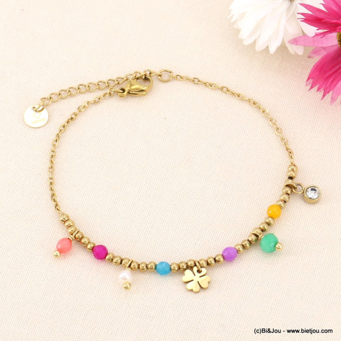 Bracelet trèfle porte-bonheur acier perles et pierres naturelles femme 0223081 multi