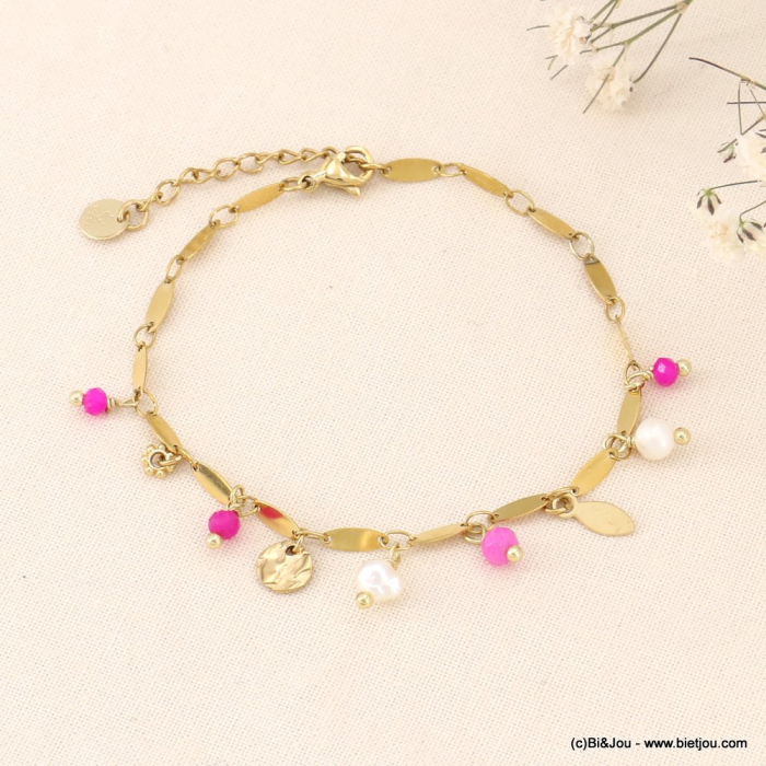 Bracelet pampilles en acier inoxydable perles eau douce et pierres  véritables pour femme 0223063