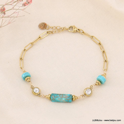 Bracelet perle rectangle en pierre, gros strass et chaîne fantaisie acier inoxydable femme 0223083 bleu turquoise