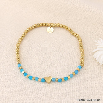 Bracelet elastique coeur, billes acier et pierres naturelles pour femme 0223085 bleu turquoise