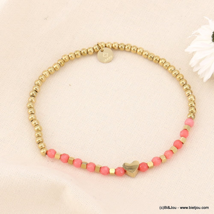 Bracelet elastique coeur, billes acier et pierres naturelles pour femme 0223085 saumon