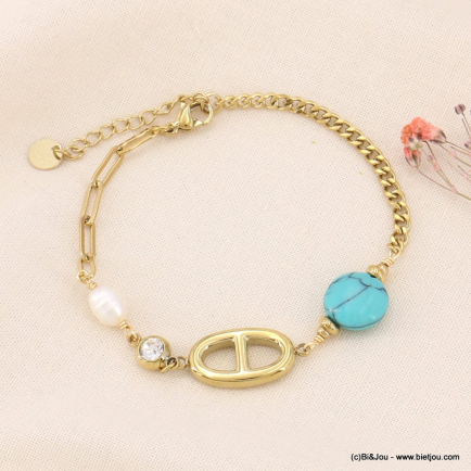 Bracelet maille café acier inoxydable, pierre naturelles et perle eau douce femme 0223078 bleu turquoise