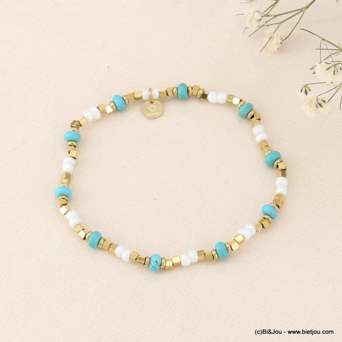 Bracelet élastique bohème pierres naturelles, nacre et perles acier inoxydable 0223077 bleu turquoise