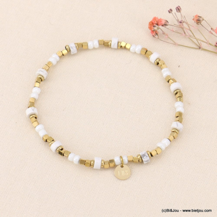Bracelet élastique bohème pierres naturelles, nacre et perles acier inoxydable 0223077 blanc