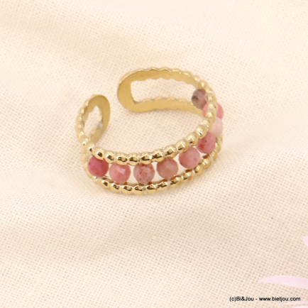 Bague double-anneaux acier et perles en pierre brodées femme 0423037 vieux rose