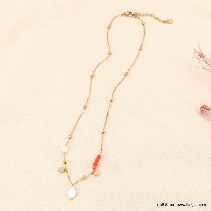 Collier breloques acier inoxydable, pierres et perle d'eau douce femme 0123074 rouge corail