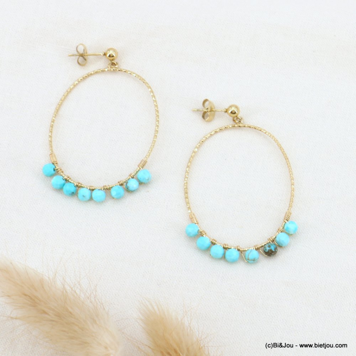 Boucles d'oreilles grands anneaux acier et broderie de perles pierres femme 0323057 bleu turquoise