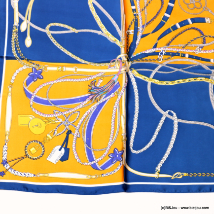 Carré satin quadri-motifs touché soie polyester femme 0723014 bleu foncé