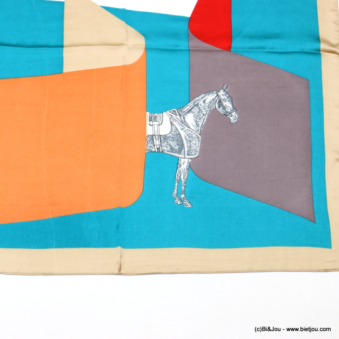 Carré satin motif géométrique cheval touché soie polyester femme 0723019 bleu turquoise