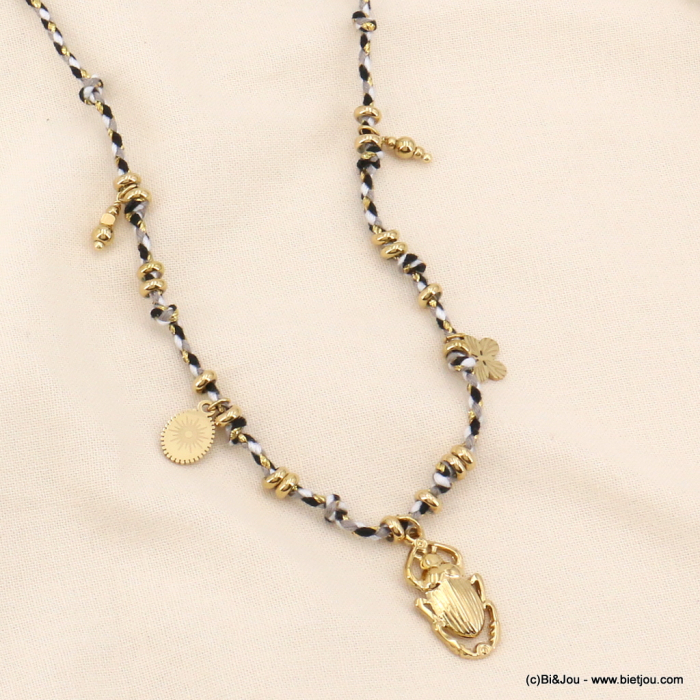 Collier acier inoxydable breloques scarabée soleil papillon femme 0123153 noir Collier acier inoxydable breloques scarabée soleil papillon femme 0123153 noir