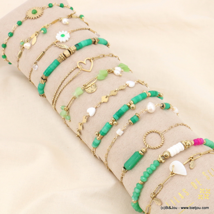 Ensemble de 12 bracelets marguerite coeur feuille perle pierre nacre acier inoxydable femme 0223074 noir