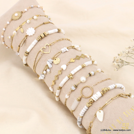 Ensemble de 12 bracelets marguerite coeur feuille perle pierre nacre acier inoxydable femme 0223074 blanc