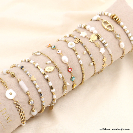Ensemble de 12 bracelets fleur coeur trèfle étoile oeil perle pierre nacre acier inoxydable strass femme 0223087 blanc