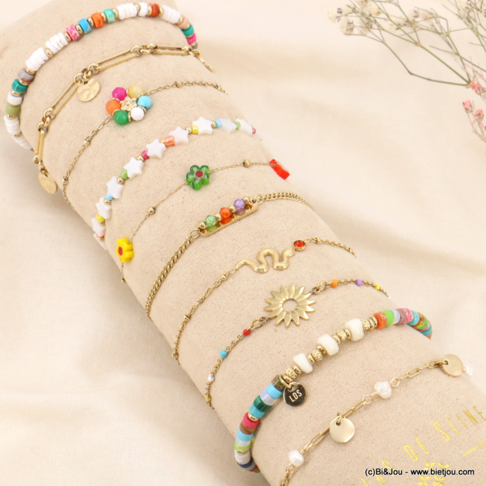Ensemble de 10 bracelets fleur étoile serpent résine perle nacre strass acier inoxydable femme 0223159 multi