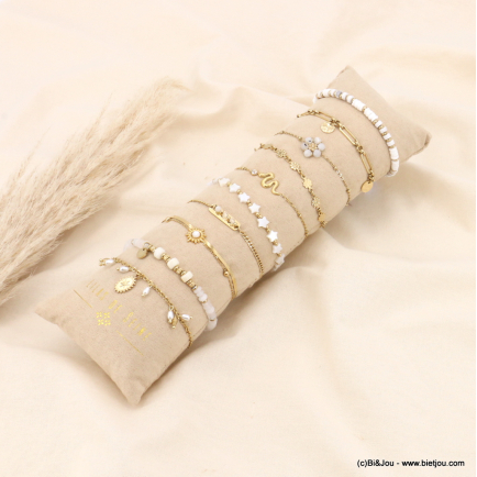 Ensemble de 10 bracelets soleil fleur étoile serpent perle nacre strass acier inoxydable femme 0223160 blanc