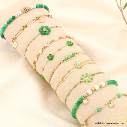 Ensemble de 10 bracelets soleil fleur nacre pierre acier inoxydable femme 0223161 vert foncé