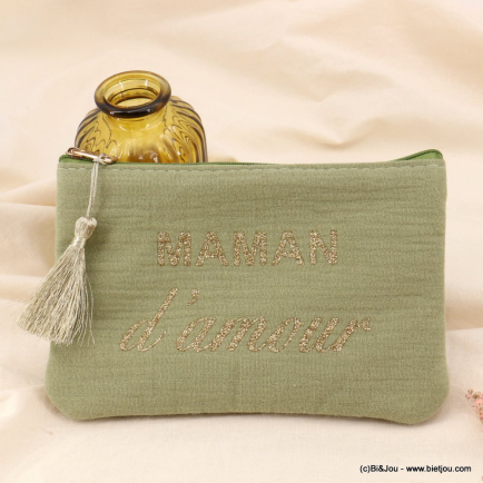 Pochette message Maman d'amour en coton coloré pour femme 0923043 vert kaki