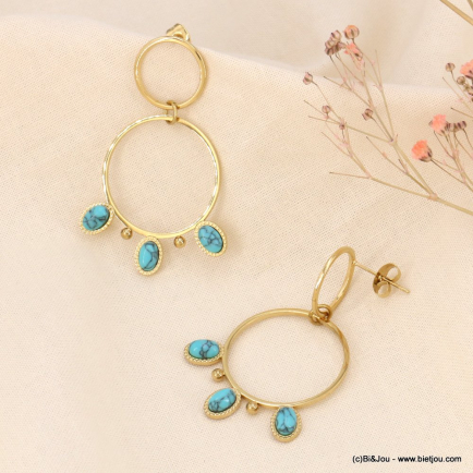 Boucles d'oreilles pendantes bohème pierres ou nacre naturelles femme 0323162 bleu turquoise