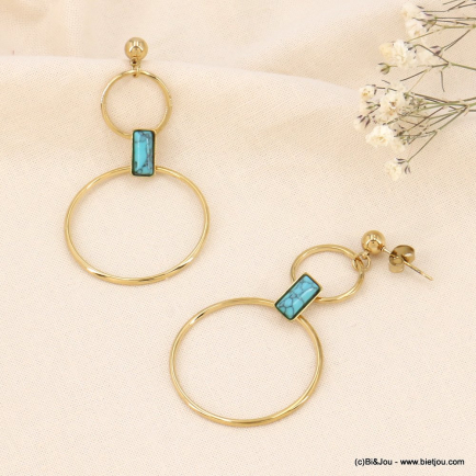 Boucles d'oreilles en acier inoxydable double anneaux cabochon pierre ou nacre véritable 0323160 bleu turquoise